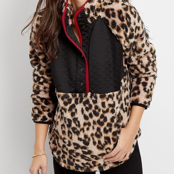 Maurices Tops - Maurices Quilted Yoke Leopard Sherpa Pullover Lounge Casual Sweatshirt  XL